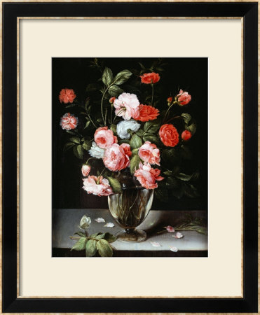 Roses And Carnations In A Glass Vase On A Stone Ledge by Ambrosius Brueghel Pricing Limited Edition Print image