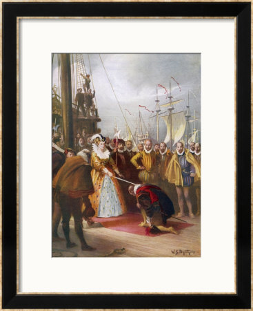 Queen Elizabeth I Knights Francis Drake On His Ship Golden Hind After His Round The World Voyage by W.S. Bagdatopulos Pricing Limited Edition Print image