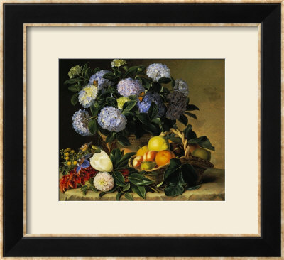 Hydrangea In An Urn And A Basket Of Fruit On A Ledge by Johan Laurentz Jensen Pricing Limited Edition Print image