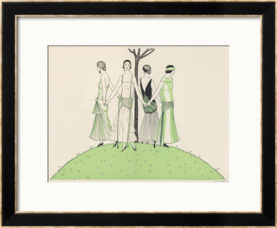 Four Ladies Holding Hands Wear Dresses Influenced By Ancient Egypt by A.E. Marty Pricing Limited Edition Print image