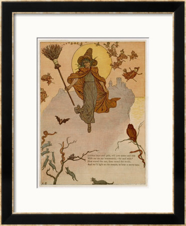 Traditional Witch Flies Through The Air With, But Not On, Her Broomstick by Kate Greenaway Pricing Limited Edition Print image