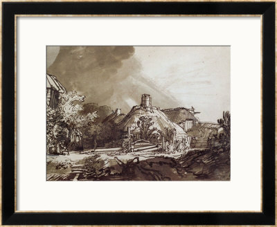 Houses Under A Stormy Sky, Pen And Brown Ink Drawing by Rembrandt Van Rijn Pricing Limited Edition Print image