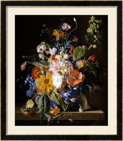 Poppies, Hollyhock, Morning Glory, Viola, Daisies, Sweet Pea, Marigolds And Other Flowers In A Vase by Jan Van Huysum Pricing Limited Edition Print image