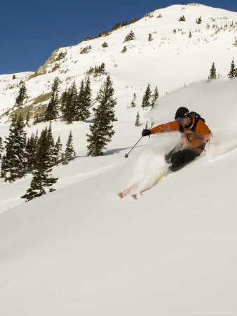 Skier Turning Through Powder, Wasatch Mountains, Usa by Mike Tittel Pricing Limited Edition Print image