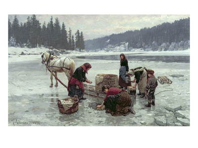 Women Doing Laundry Through A Hole In The Ice, 1891 (Oil On Canvas) by Jahn Ekenaes Pricing Limited Edition Print image
