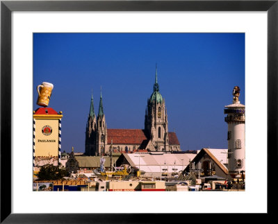 Beer Tents At Oktoberfest With Cathedral In The Background, Munich, Bavaria, Germany by Thomas Winz Pricing Limited Edition Print image