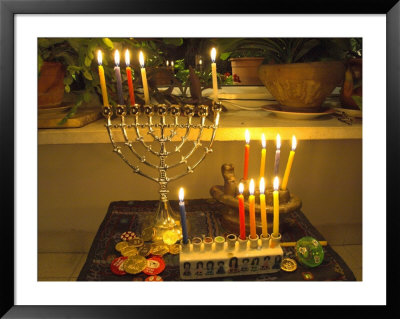 Jewish Festival Of Hanukkah, Three Hanukiah With Four Candles Each, Jerusalem, Israel, Middle East by Eitan Simanor Pricing Limited Edition Print image