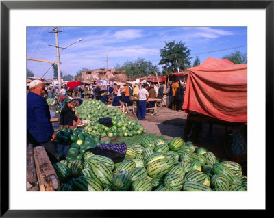 Vendors Manning Melon Stalls At Market In Kashgar, Kashgar, Xinjiang, China by Grant Dixon Pricing Limited Edition Print image