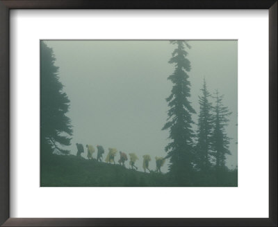 Silhouette Of Girl Scouts Hiking Along A Mountain Trail In The Fog by B. Anthony Stewart Pricing Limited Edition Print image