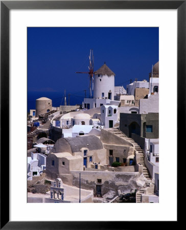 Traditional Village Houses, Stairs And Windmill, Oia, Santorini Island, Greece by Diana Mayfield Pricing Limited Edition Print image
