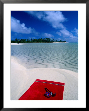 Goggles And Towel On Idyllic Beach And Lagoon, Aitutaki, Southern Group, Cook Islands by John Banagan Pricing Limited Edition Print image