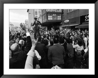 Sen. Robert Kennedy Standing On Roof Of Car As He Is Swamped By A Crowd Of Welcoming Well Wishers by Bill Eppridge Pricing Limited Edition Print image