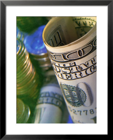 Rolled $100 Us Bill With Coins In Background by Eric Kamp Pricing Limited Edition Print image