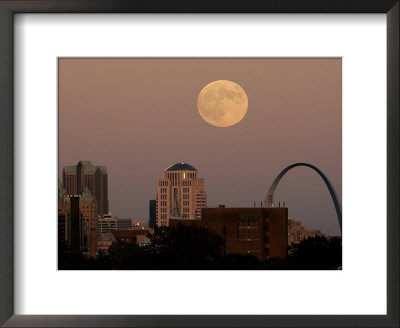 A Full Moon Rises Behind Downtown Saint Louis Buildings And The Gateway Arch Friday, October 2006 by Charlie Riedel Pricing Limited Edition Print image