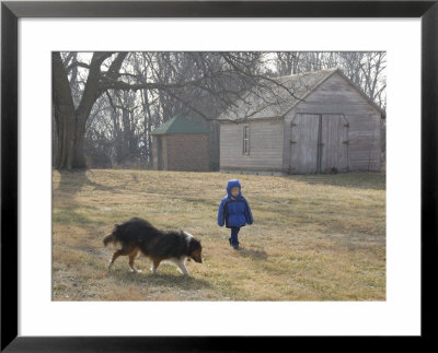 A Young Male And His Sheltie Dog Walk Through A Historic Farm by Joel Sartore Pricing Limited Edition Print image