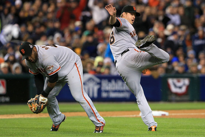 Detroit, Mi - Oct 28: Detroit Tigers V Sf Giants - Pablo Sandoval, Quintin Berry And Matt Cain by Doug Pensinger Pricing Limited Edition Print image