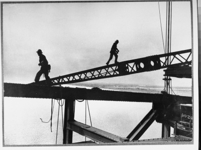Steel Workers Walking A Girder And Derrick Boom During Delaware Memorial Bridge Construction by Peter Stackpole Pricing Limited Edition Print image