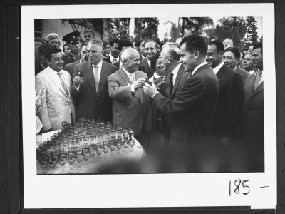 Nikita Khrushchev Clinking Glasses With Richard Nixon, Proposing Toast At Exhibit by Howard Sochurek Pricing Limited Edition Print image