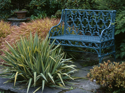 Lakemount, Ireland - Green Wrought Iron Bench In Autumnal Setting, Designer: Brian Cross by Clive Nichols Pricing Limited Edition Print image