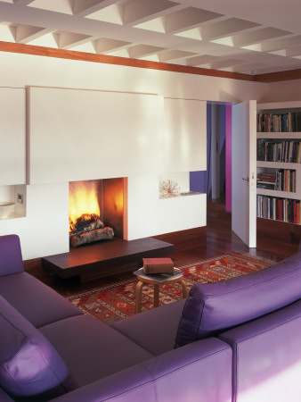 Lone Oak Hall, East Sussex - Oblique View Of Lounge With Lit Fire, Architect: Michael Wilford by Richard Bryant Pricing Limited Edition Print image