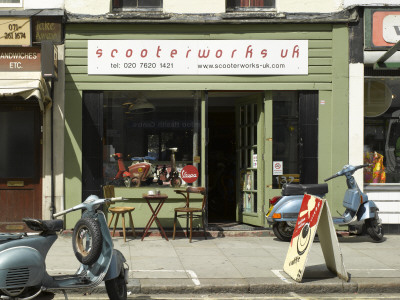 Scooterworks, Lambeth, London, Scooter Repair Shop And Cafe by Richard Bryant Pricing Limited Edition Print image