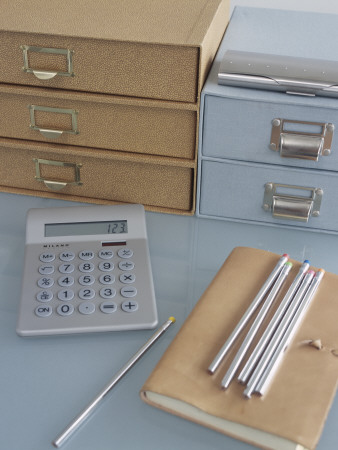 Home Office Detail With Storage Drawers Calculator And Pencils by Richard Powers Pricing Limited Edition Print image