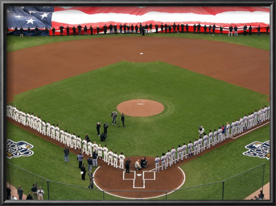 Texas Rangers V San Francisco Giants, Game 1: A Giant American Flag Is Displayed On The Field by Doug Pensinger Pricing Limited Edition Print image