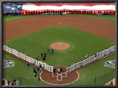 Texas Rangers V San Francisco Giants, Game 1: A Giant American Flag Is Displayed On The Field by Doug Pensinger Pricing Limited Edition Print image