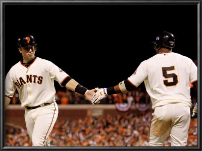Texas Rangers V San Francisco Giants, Game 2: Buster Posey, Juan Uribe by Doug Pensinger Pricing Limited Edition Print image