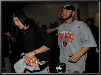 Texas Rangers V. San Francisco Giants, Game 5:  (L-R) Tim Lincecum #55 And Cody Ross #13 by Doug Pensinger Pricing Limited Edition Print image