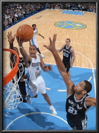 San Antonio Spurs V Denver Nuggets: Aaron Afflalo And Tim Duncan by Garrett Ellwood Pricing Limited Edition Print image