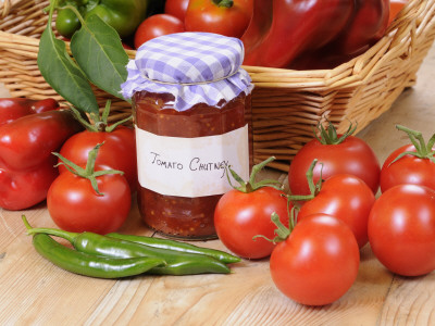 Country Kitchen Scene With Home Made Chutney And Ingredients - Tomatoes And Peppers, Uk by Gary Smith Pricing Limited Edition Print image