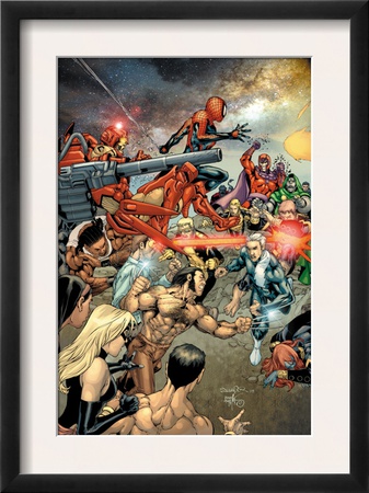 House Of M #7 Cover: Spider-Man, Wolverine, Magneto, Quicksilver And Iron Man Fighting by Salvador Larroca Pricing Limited Edition Print image
