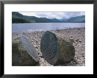 Carved Stone Near National Trust Plaque In Calfclose Bay, Derwent Water, Cumbria, Uk by Ian West Pricing Limited Edition Print image
