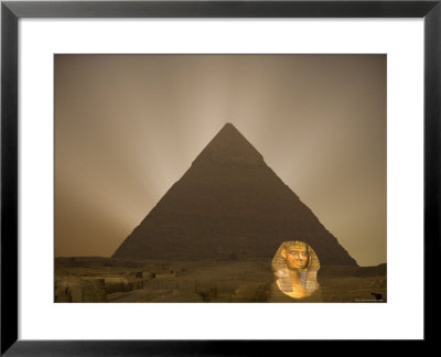 Cheops Pyramid And King Tut Image Superimposed On Sphinx At Night, Cairo by Holger Leue Pricing Limited Edition Print image