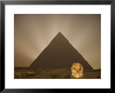 Cheops Pyramid And King Tut Image Superimposed On Sphinx At Night, Cairo by Holger Leue Pricing Limited Edition Print image