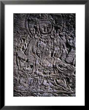 Carving Of Buddha On Mani Stone On Annapurna Trek, Gandaki, Nepal by Gareth Mccormack Pricing Limited Edition Print image