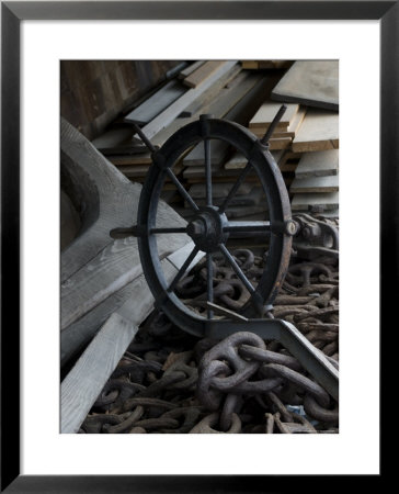 Old Ship's Wheel, Chains And Wood Planks Against A Cedar Wall, Mystic, Connecticut by Todd Gipstein Pricing Limited Edition Print image