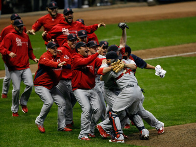 Cardinals V Milwaukee Brewers - G. Six, Milwaukee, Wi - Oct. 16: Jason Motte And Yadier Molina by Scott Boehm Pricing Limited Edition Print image