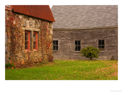 Wooden Barn And Old Stone Building In Rural New England, Maine, Usa by Joanne Wells Pricing Limited Edition Print image