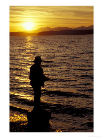 Silhouette Of Fisherman At Lincoln Park, Seattle, Washington, Usa by William Sutton Pricing Limited Edition Print image