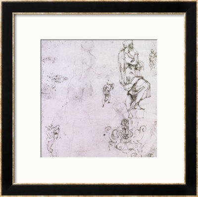 Sketches Of Male Nudes, A Madonna And Child And A Decorative Emblem by Michelangelo Buonarroti Pricing Limited Edition Print image
