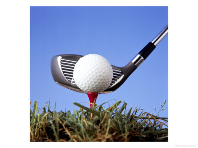 Close-Up Of Golf Ball On Tee And Club Head by John James Wood Pricing Limited Edition Print image