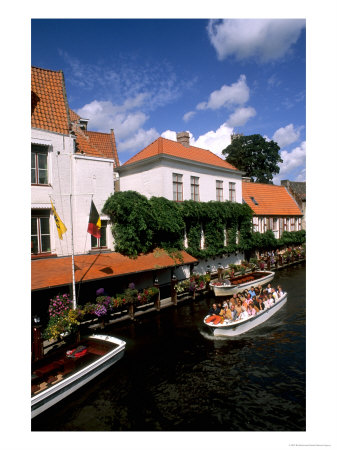 Houses And Boats With Tourists, Canals Of Bruges, Belgium by Bill Bachmann Pricing Limited Edition Print image