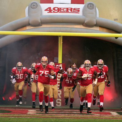 New York Giants And San Francisco 49Ers - Jan. 22, 2012: 49Ers Take The Field by Marcio Jose Sanchez Pricing Limited Edition Print image