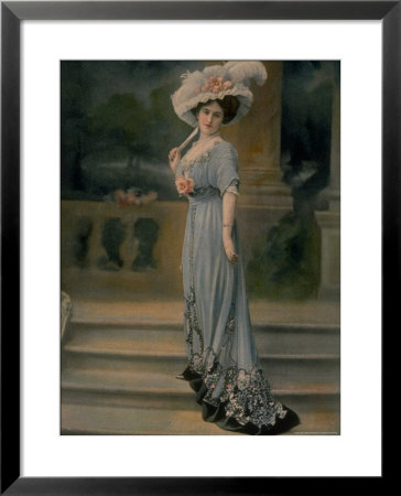 Model Wearing Pale Blue Robe De Diner, With Pink Rose Pinned To Bust And Large White Feathered Hat by Boissonnas & Taponier Pricing Limited Edition Print image