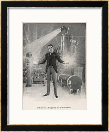 Nikola Croatian Inventor Holding Balls Of Flame In His Bare Hands by Warwick Goble Pricing Limited Edition Print image