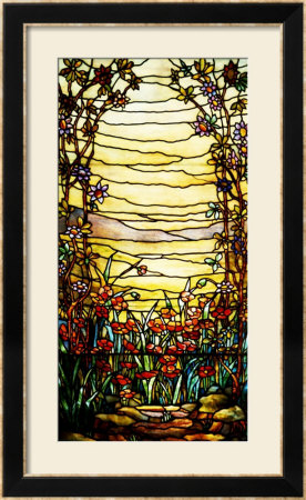 A Leaded Glass Landscape Window Depicting View Of Red Flowers And A Stream by Tiffany Studios Pricing Limited Edition Print image