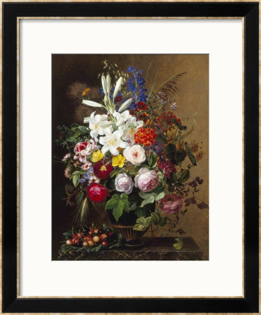 Lilies, Pelargonium And Roses In A Greek Vase by Johan Laurentz Jensen Pricing Limited Edition Print image