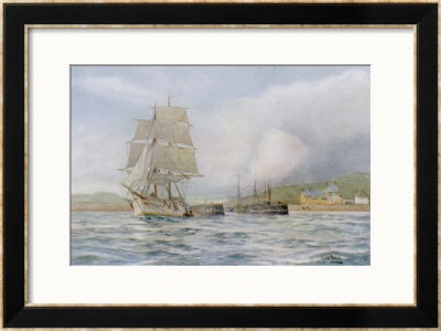 Two-Masted Sailing Ship Sails Out Of The Harbour At Bridport Dorset by Maurice Randall Pricing Limited Edition Print image